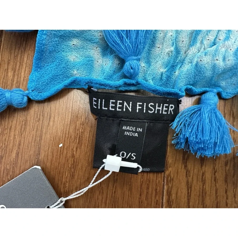 Eileen Fisher Womens Artisanal Silk Tasseled Square Scarf Wrap Blue‎ NWT
